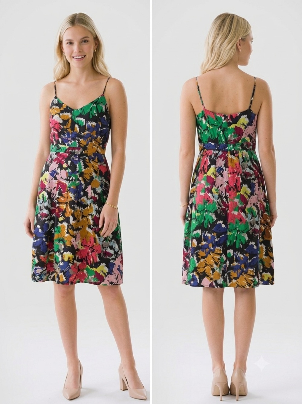 J. Crew Multicolor Floral Midi Dress with Green and Pink Accents